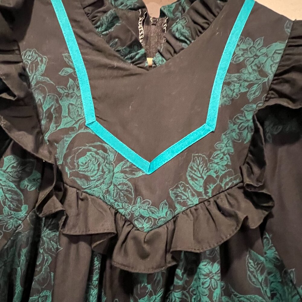 Carol Bennett for Liberty House Vtg Prairie Maxi Dress, Floral Black Green, S/M - Picture 6 of 10